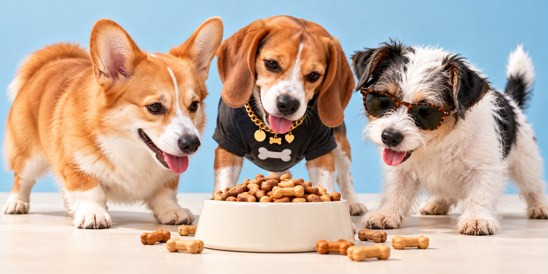 Penny, Scout, and Moxie gathered around regular dog biscuits